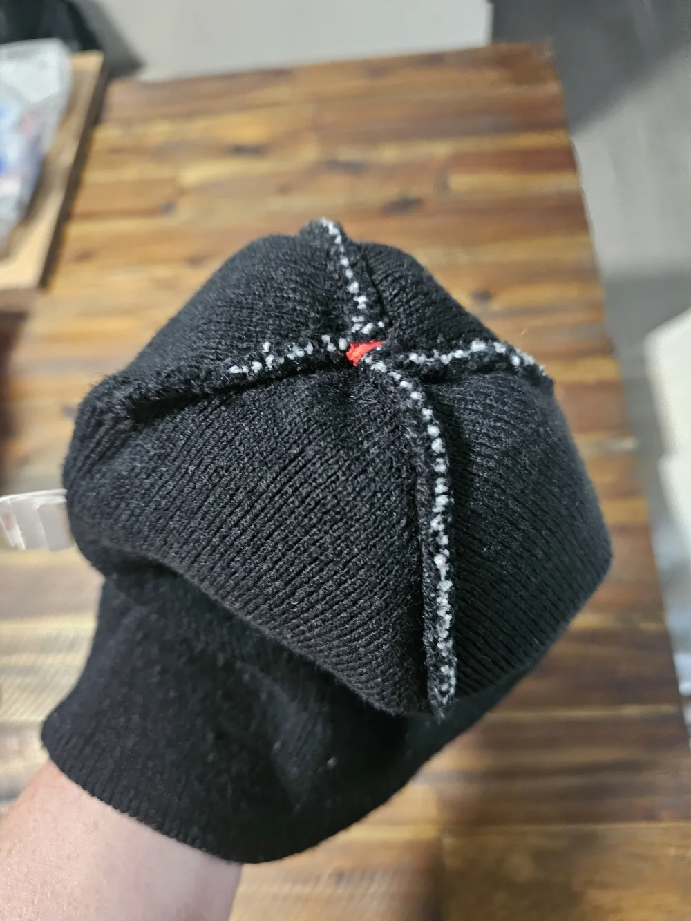 Kids Red Pom Knit Beanie with Black Mickey Pattern